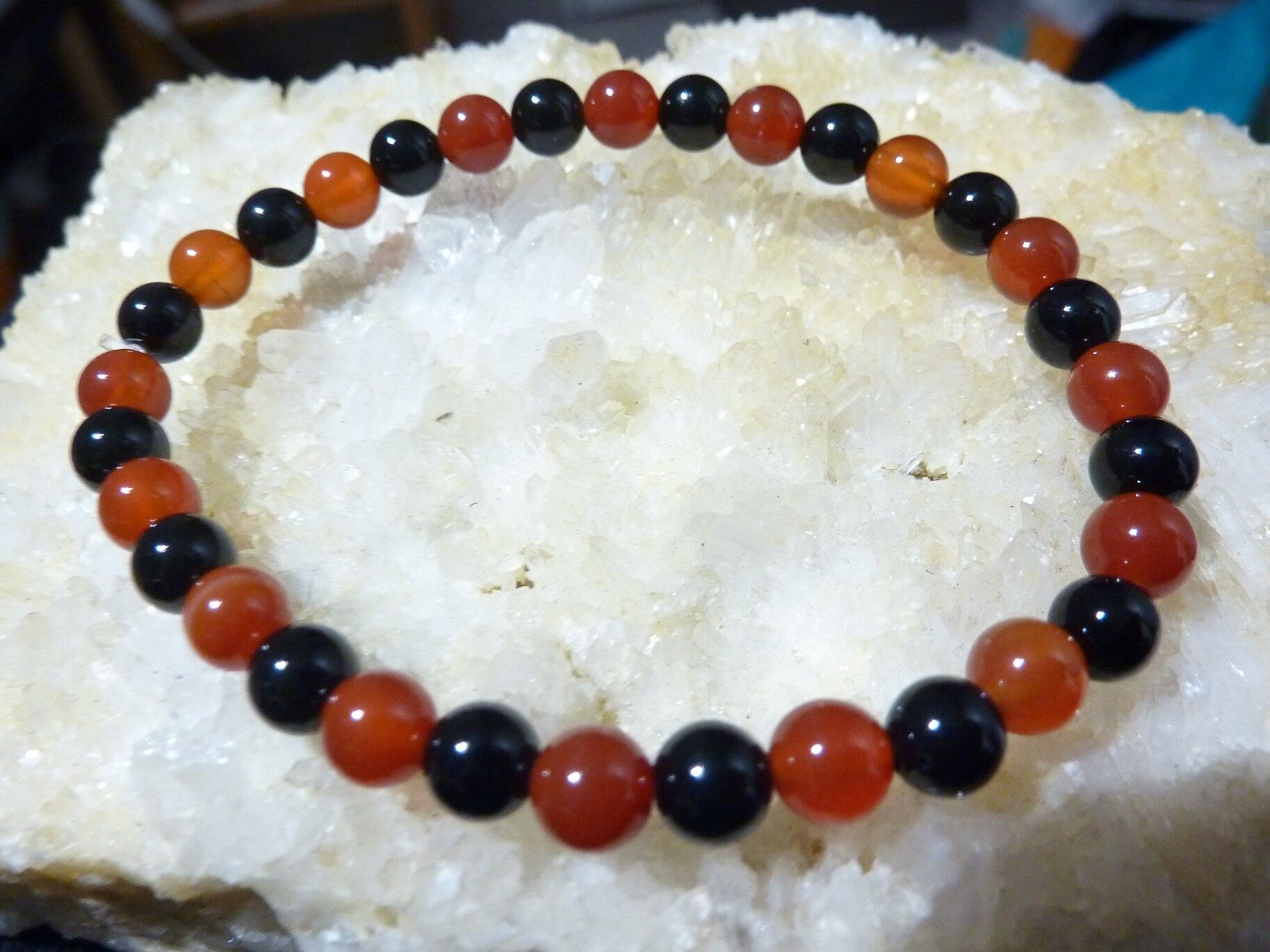 Bracelet tourmaline noire et cornaline perles rondes 6mm