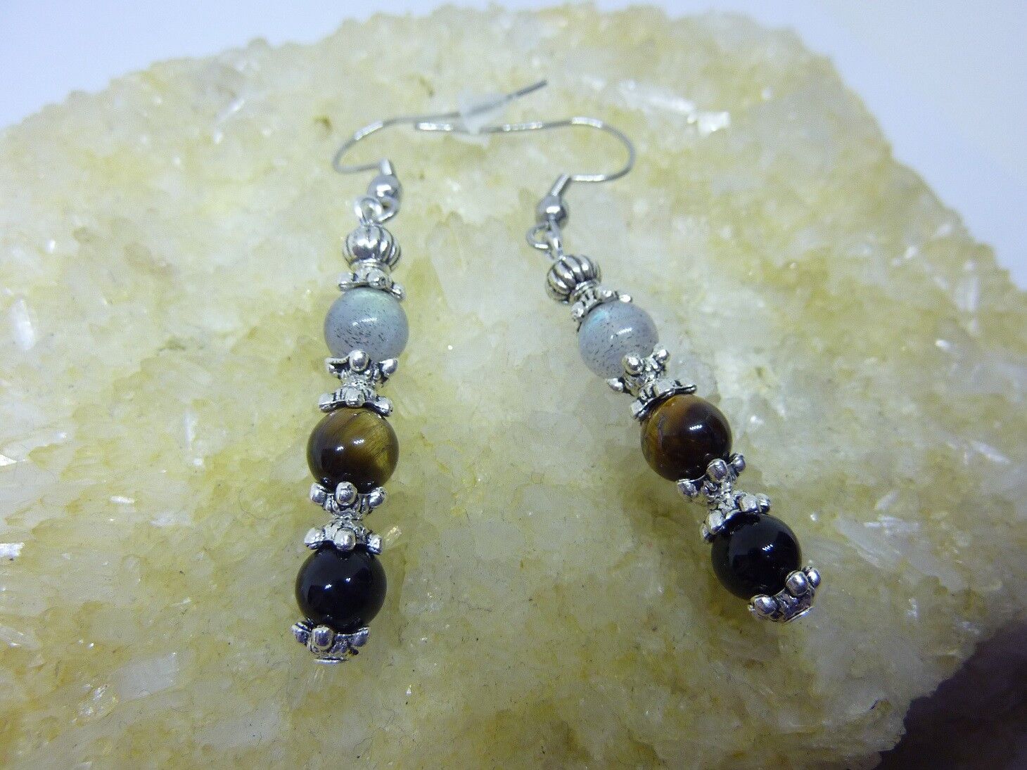 BOUCLES D'OREILLE PROTECTION EXTREME OEIL DE TIGRE-LABRADORITE-TOURMALINE NOIRE 6 mm – Image 5