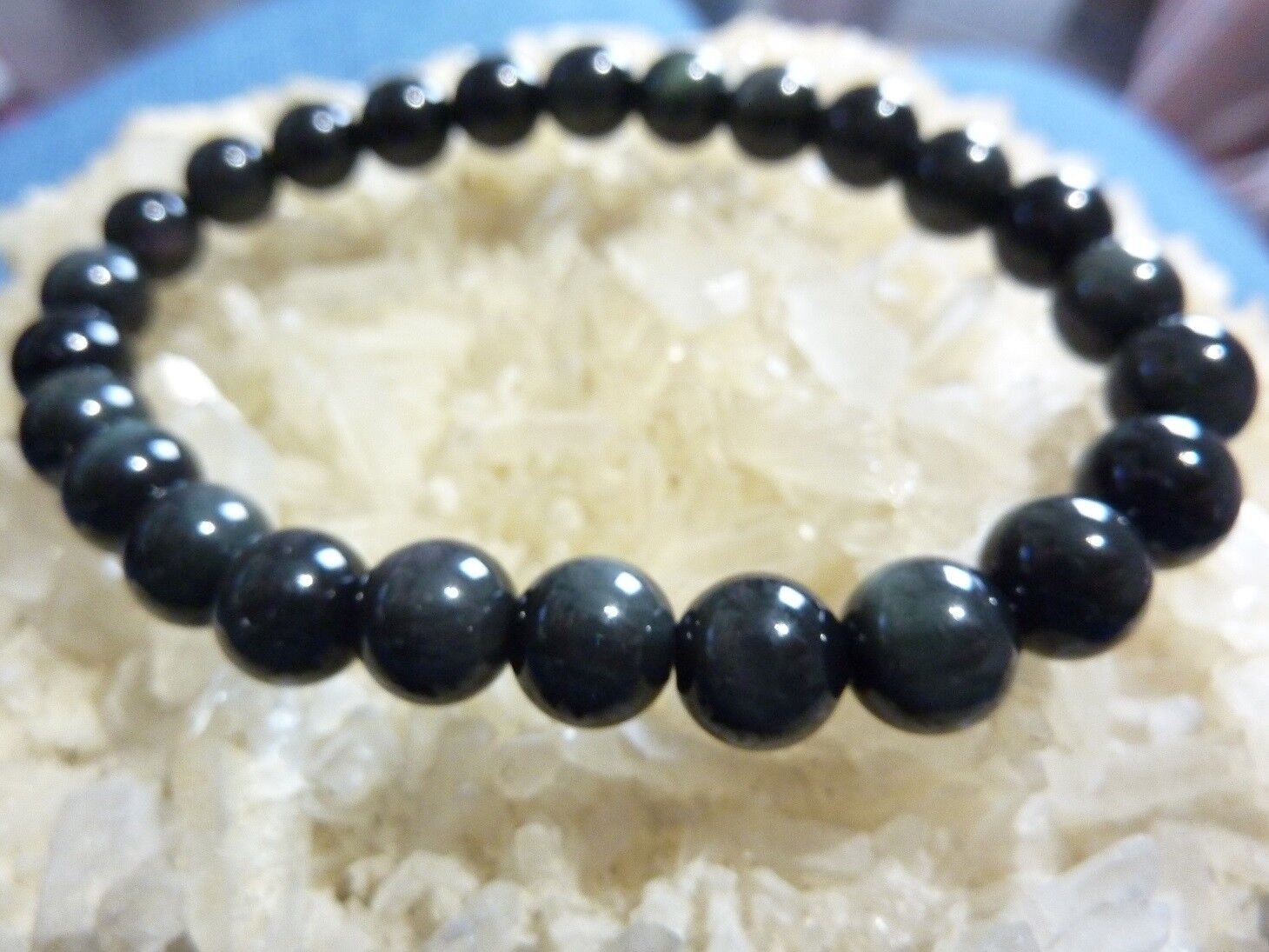 Bracelet-protection obsidienne oeil celeste perles rondes de 8mm – Image 2
