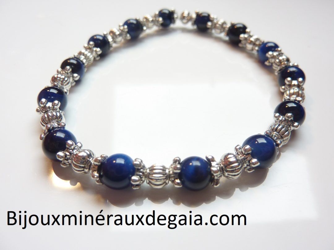 BRACELET OEIL DE FAUCON 6 MM ET PERLES PLAQUé ARGENT