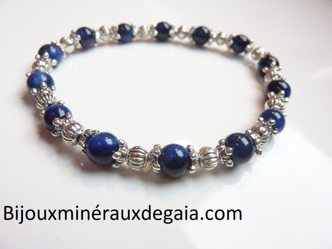 BRACELET OEIL DE FAUCON 6 MM ET PERLES PLAQUé ARGENT