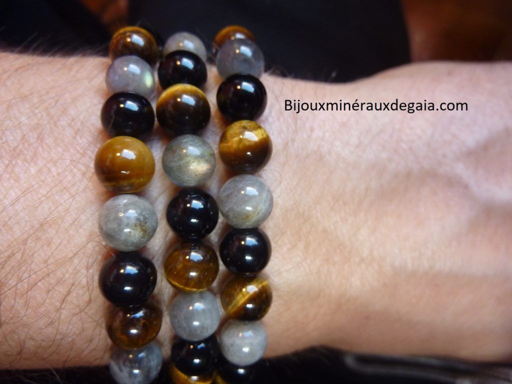 COLLIER PROTECTION EXTREME OEIL DE TIGRE-LABRADORITE-TOURMALINE NOIRE 8 MM