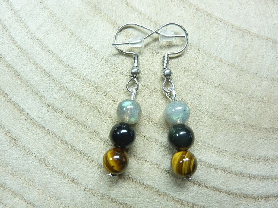 Boucles d'oreilles protection extreme Oeil de tigre Labradorite Obsidienne oeil celeste Perles 6 mm