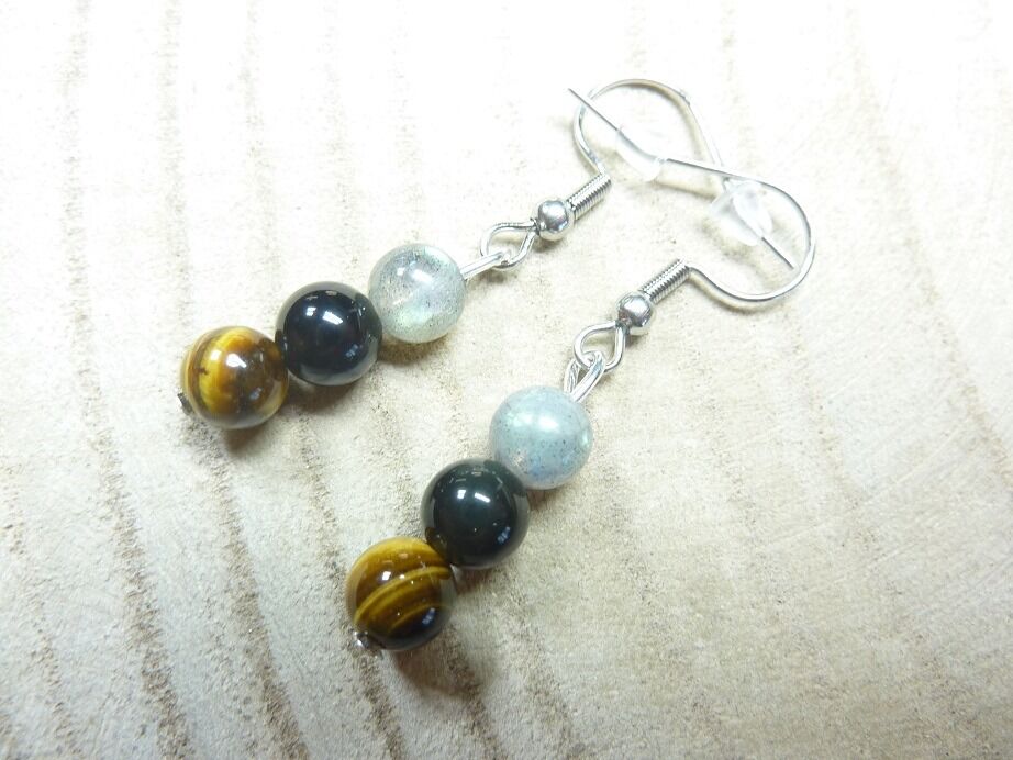 Boucles d'oreilles protection extreme Oeil de tigre Labradorite Obsidienne oeil celeste Perles 6 mm