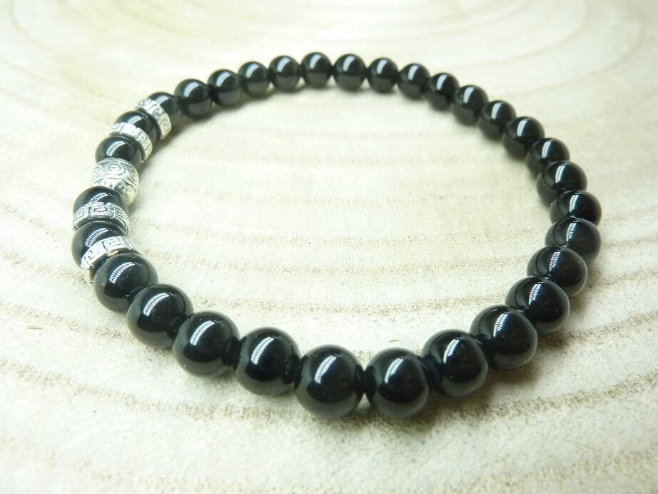 Bracelet tourmaline noire perles rondes 6mm et plaqué argent