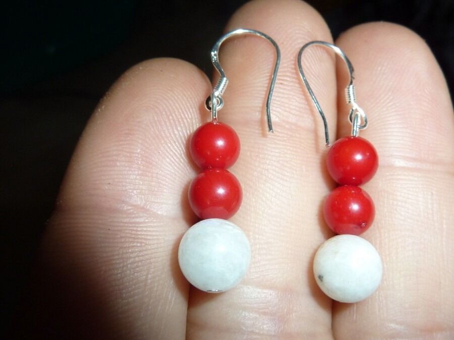BOUCLES D'OREILLES CORAIL ROUGE-PIERRE DE LUNE 8-6 mm