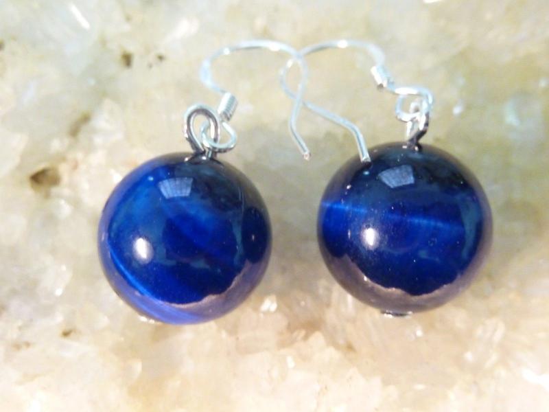 Boucles d'oreilles en pierres naturelles oeil de faucon perles rondes 14 mm