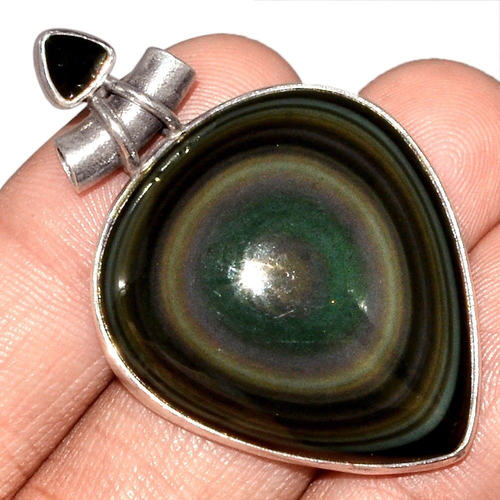 Pendentif protection obsidienne oeil celeste-Spinelle argent 925 ref 5424