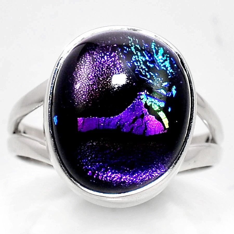 BAGUE EN VERRE DICHROIQUE MONTURE ARGENT 925 TAILLE 57 3/4 REF 4922