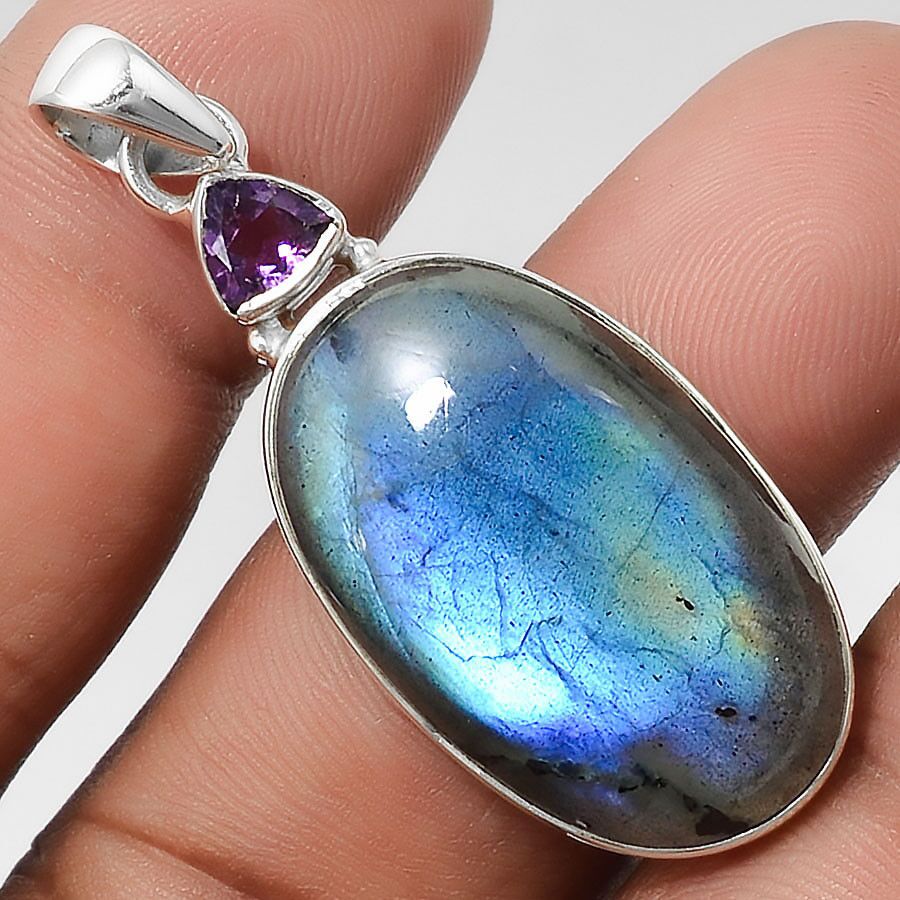 Pendentif protection labradorite-Améthyste monture argent 925 ref 3142