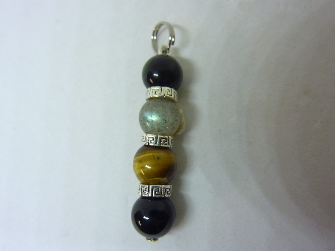 PENDENTIF OEIL DE TIGRE-LABRADORITE-OBSIDIENNE CELESTE-SPINELLE NOIRE