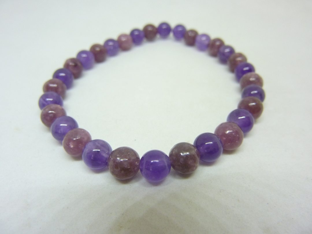 Bracelet anti stress Lépidolite-Améthyste perles rondes 6 mm