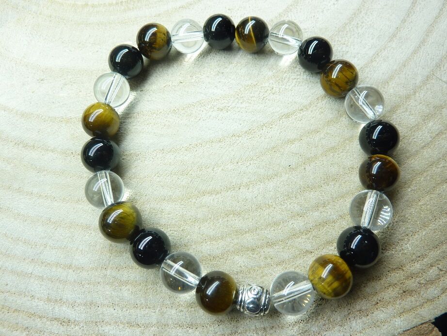 Bracelet quartz cristal de roche-Oeil de tigre-Tourmaline noire - 8 mm