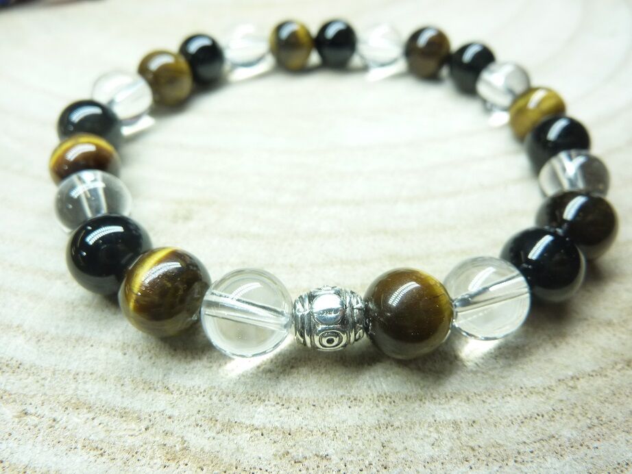 Bracelet quartz cristal de roche-Oeil de tigre-Tourmaline noire - 8 mm
