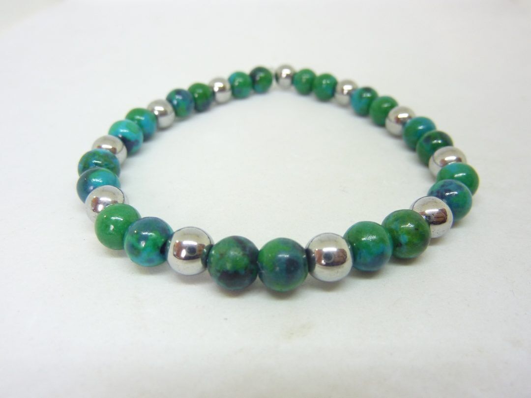 BRACELET AZURITE CHRYSOCOLLE,HEMATITE PERLES RONDES 6 MM
