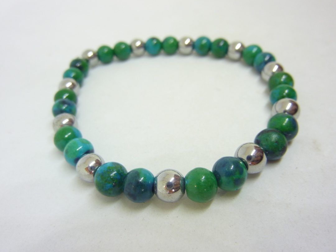 BRACELET AZURITE CHRYSOCOLLE-HEMATITE PERLES RONDES 6 MM
