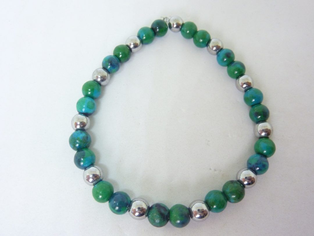 BRACELET AZURITE CHRYSOCOLLE,HEMATITE PERLES RONDES 6 MM