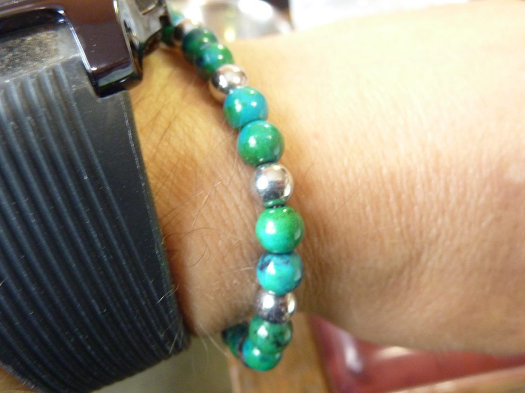 BRACELET AZURITE CHRYSOCOLLE,HEMATITE PERLES RONDES 6 MM