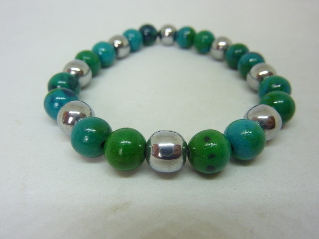 BRACELET AZURITE CHRYSOCOLLE,HEMATITE PERLES RONDES 8 MM