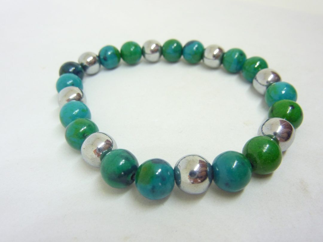 BRACELET AZURITE CHRYSOCOLLE,HEMATITE PERLES RONDES 8 MM