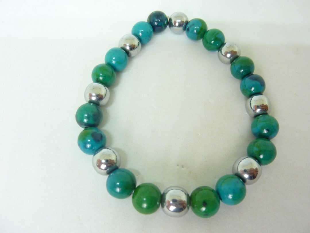 BRACELET AZURITE CHRYSOCOLLE,HEMATITE PERLES RONDES 8 MM