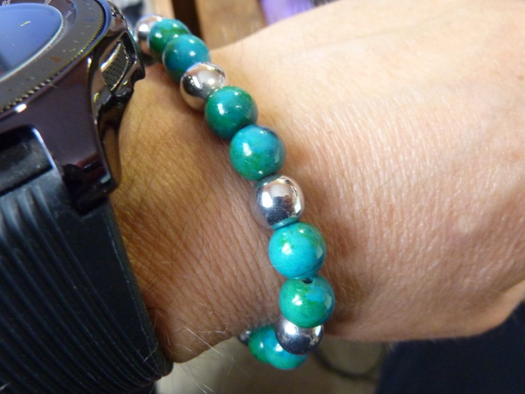 BRACELET AZURITE CHRYSOCOLLE,HEMATITE PERLES RONDES 8 MM
