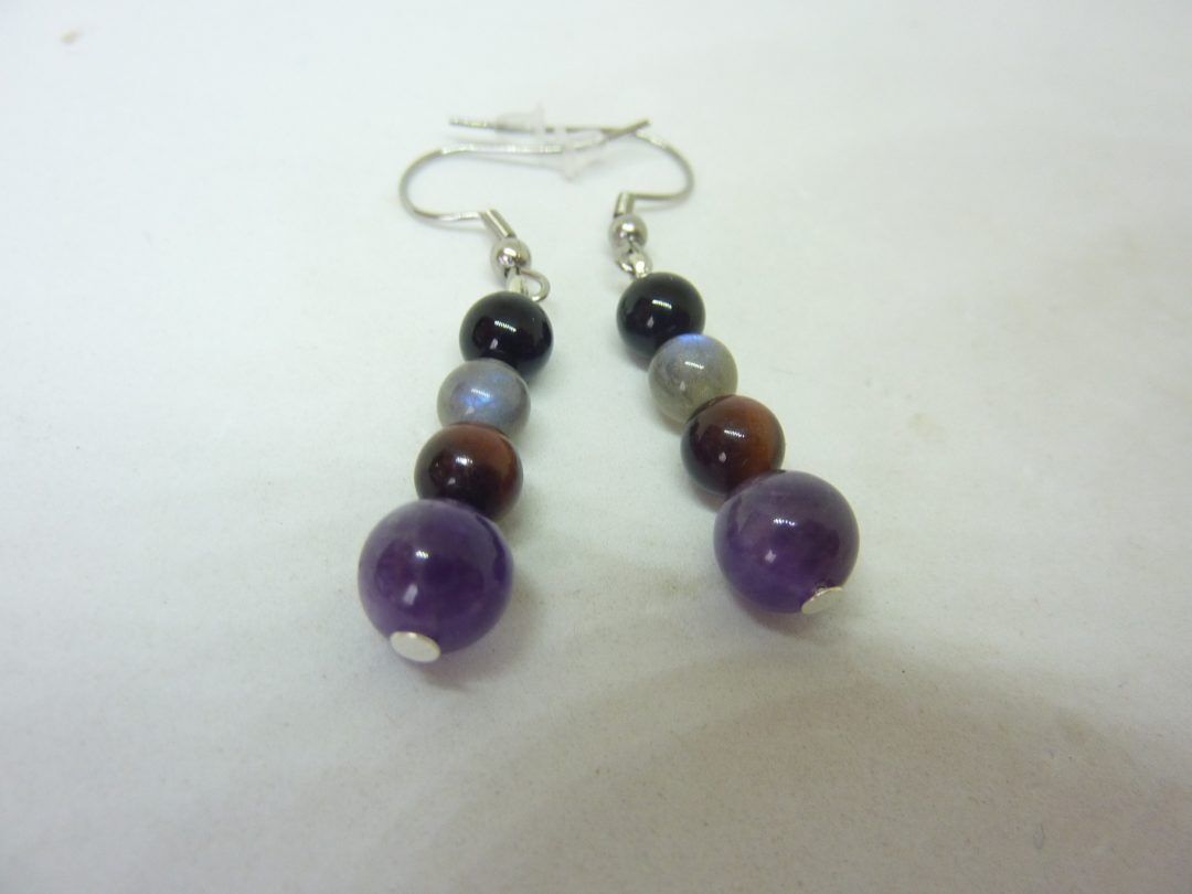 Boucles d'oreilles Amethyste,tourmaline noir,oeil de taureau,labradorite