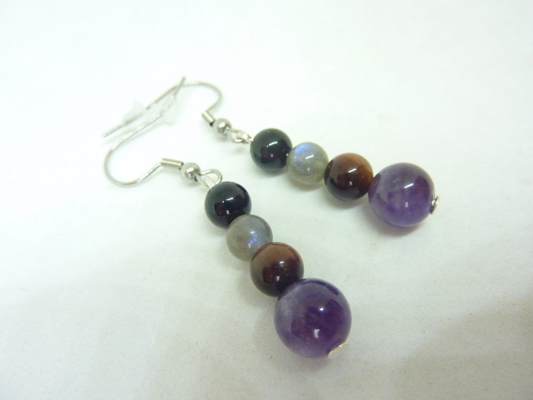 Boucles d'oreilles Amethyste,tourmaline noir,oeil de taureau,labradorite