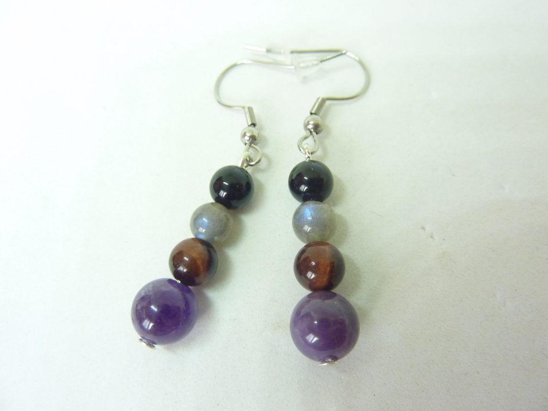 Boucles d'oreilles Amethyste,tourmaline noir,oeil de taureau,labradorite