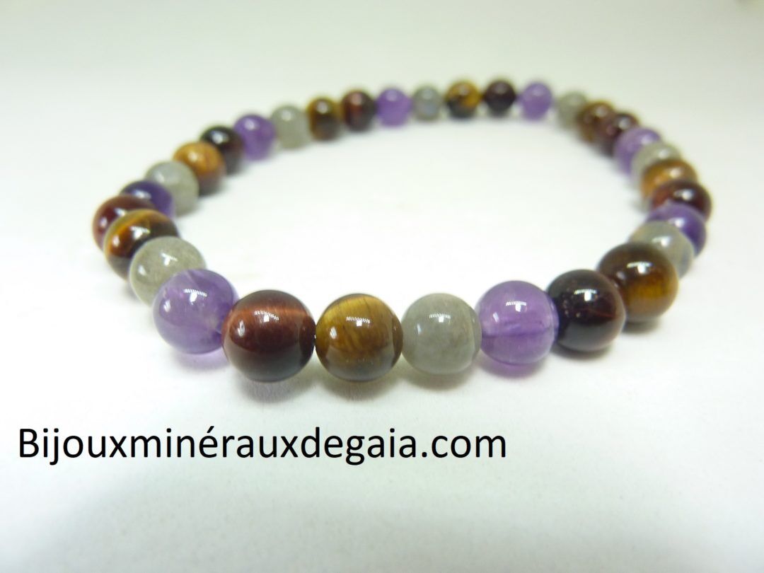 Bracelet Labradorite-oeil de taureau-oeil de tigre-améthyste-perles 6 mm
