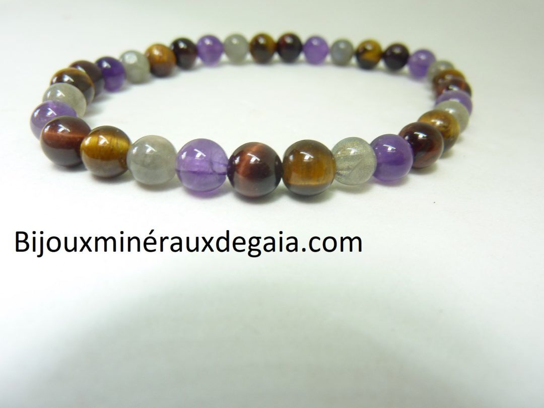 Bracelet Labradorite-oeil de taureau-oeil de tigre-améthyste-perles 6 mm