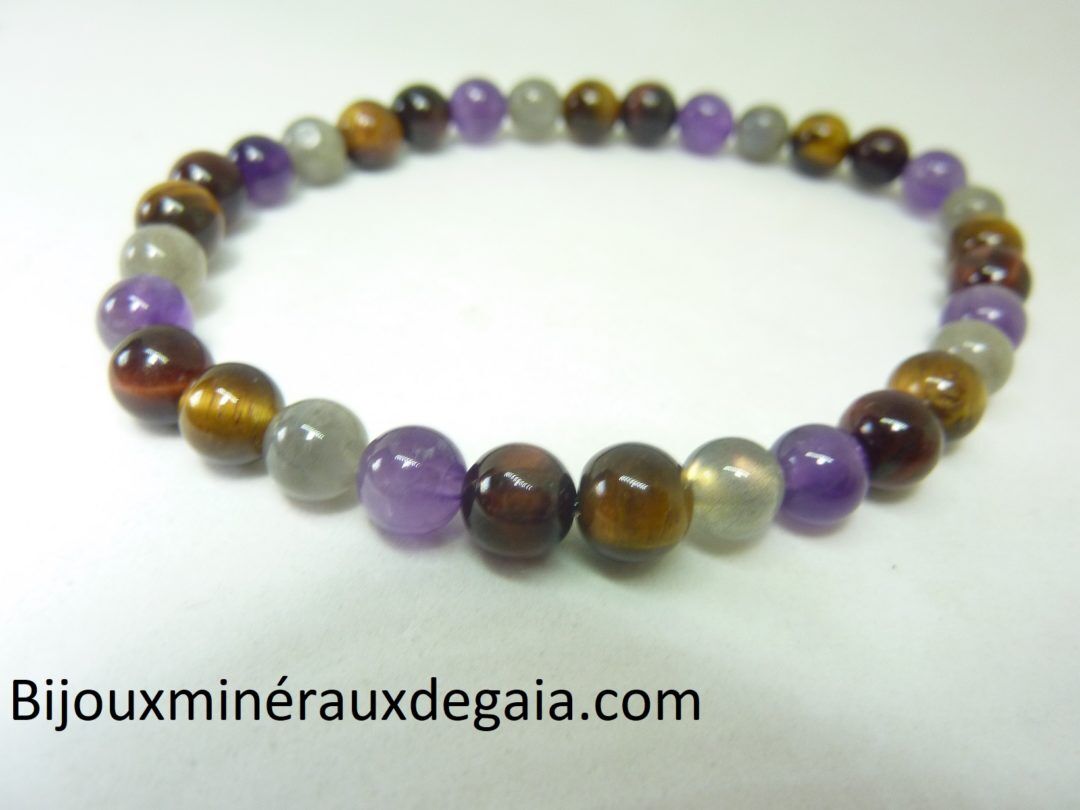 Bracelet Labradorite-oeil de taureau-oeil de tigre-améthyste-perles 6 mm