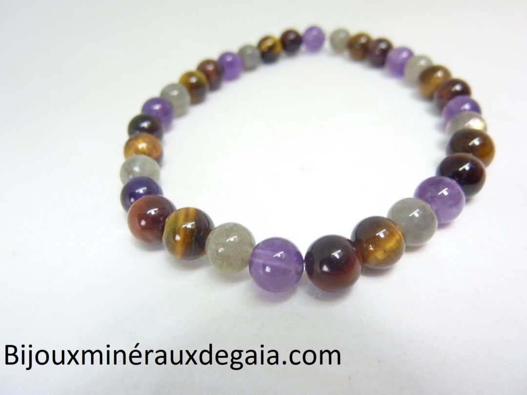 Bracelet Labradorite-oeil de taureau-oeil de tigre-améthyste-perles 6 mm