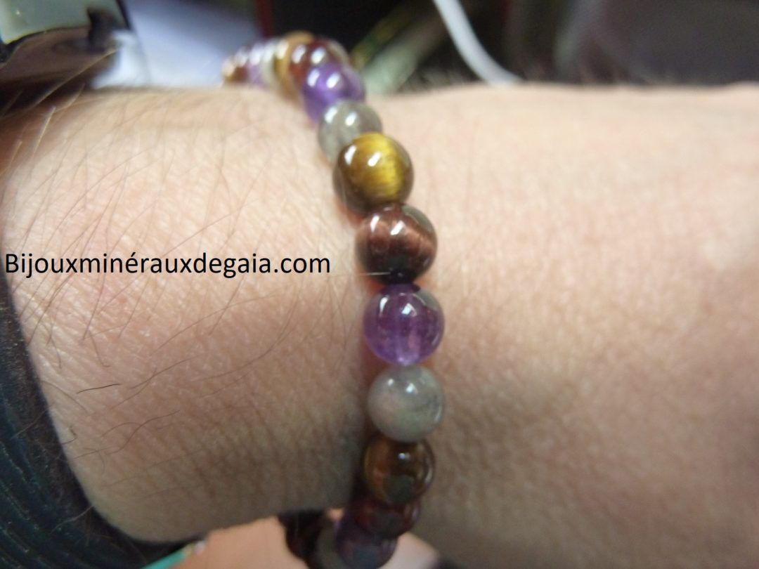 Bracelet Labradorite-oeil de taureau-oeil de tigre-améthyste-perles 6 mm