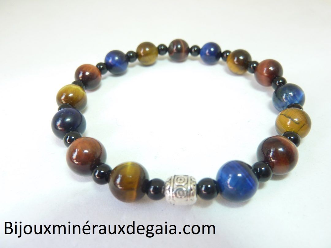 BRACELET OEIL DE TIGRE-FAUCON-TAUREAU-TOURMALINE NOIRE
