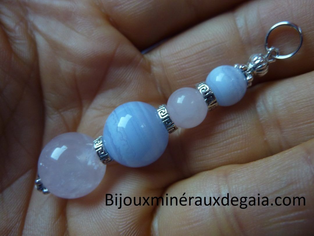 Pendentif calcédoine bleue-Quartz rose rupture amoureuse