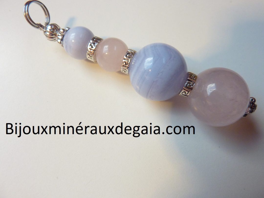 Pendentif calcédoine bleue-Quartz rose rupture amoureuse