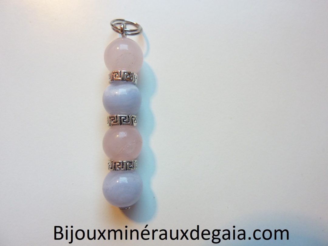 Pendentif calcédoine bleue-Quartz rose rupture amoureuse