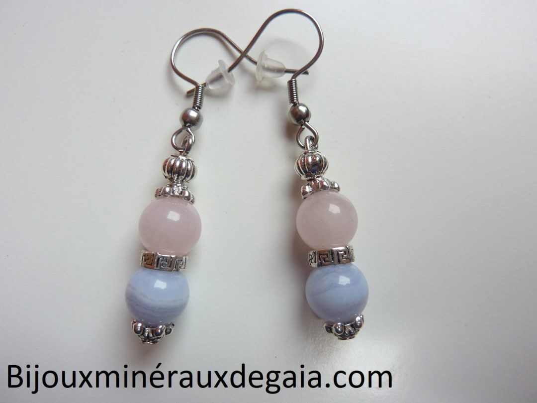 Boucles d'oreilles calcédoine bleue-Quartz rose rupture amoureuse