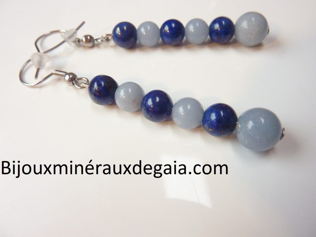 BOUCLES D'OREILLES LAPIS LAZULI,ANGELITE PERLES RONDES 8-6 MM
