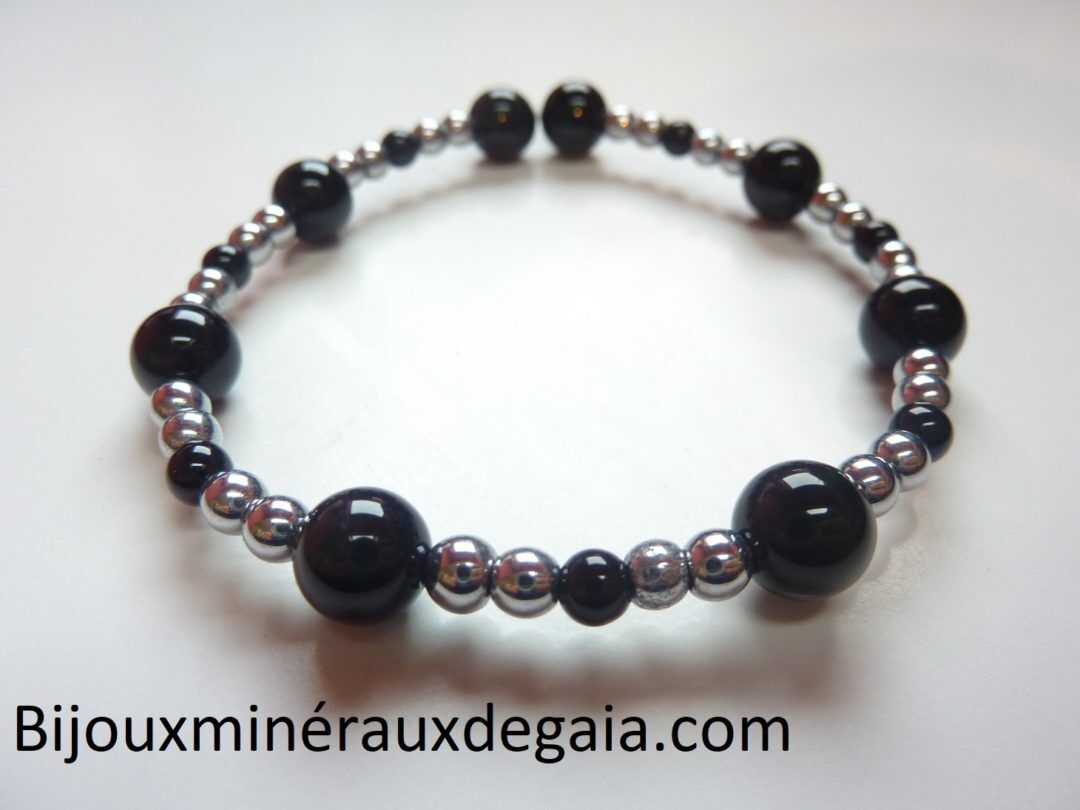 Bracelet Tourmaline noire-Hématite perles rondes 8-4 mm