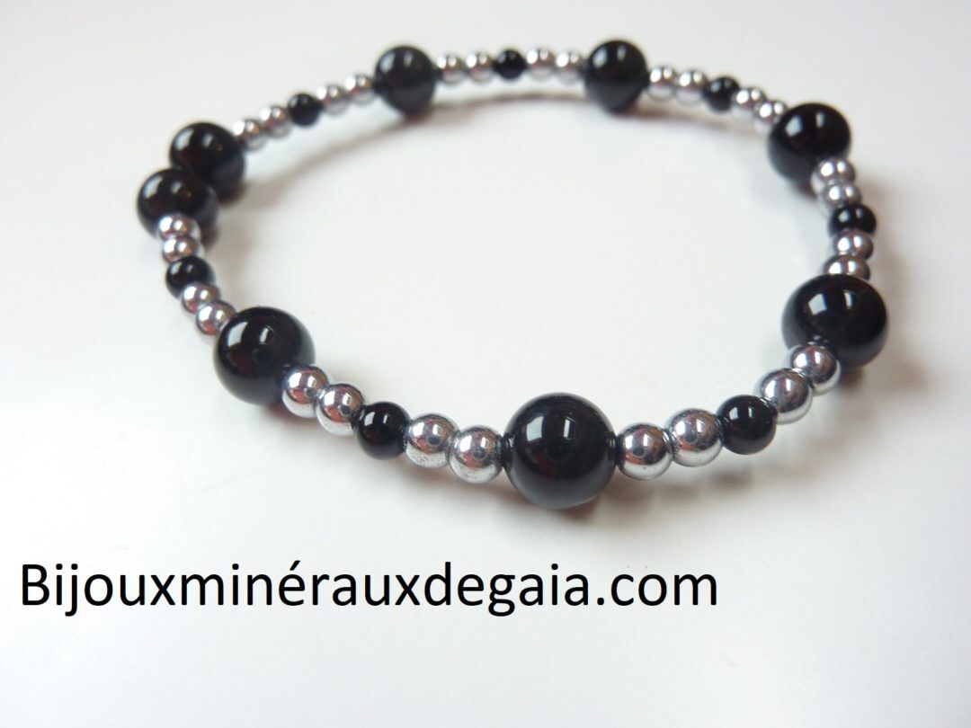 Bracelet Tourmaline noire-Hématite perles rondes 8-4 mm