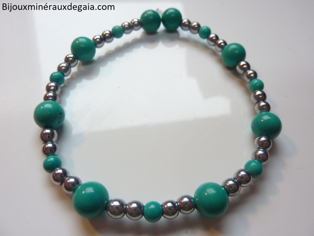 Bracelet Turquoise-Hématite perles rondes 7,5-4 mm