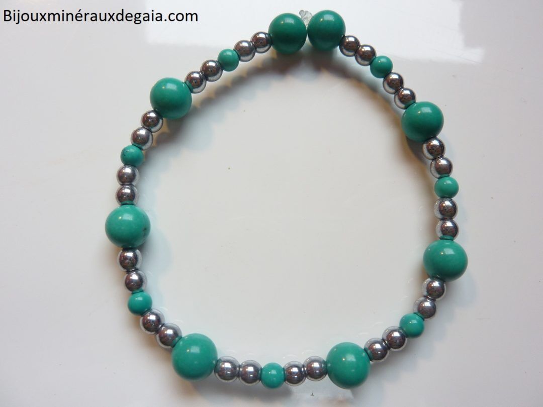 Bracelet Turquoise-Hématite perles rondes 7,5-4 mm