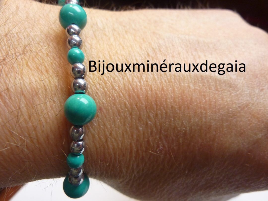 Bracelet Turquoise-Hématite perles rondes 7,5-4 mm