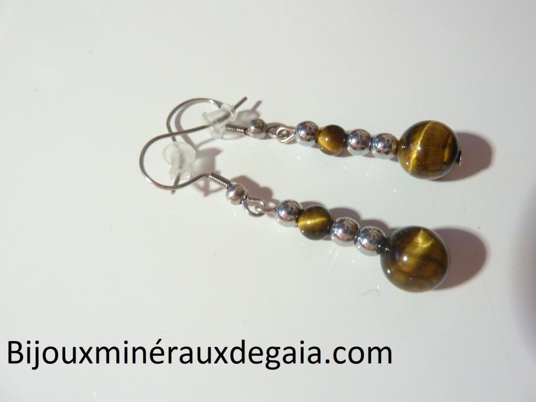 Boucles d'oreilles Oeil de tigre-Hématite perles rondes 8-4 mm