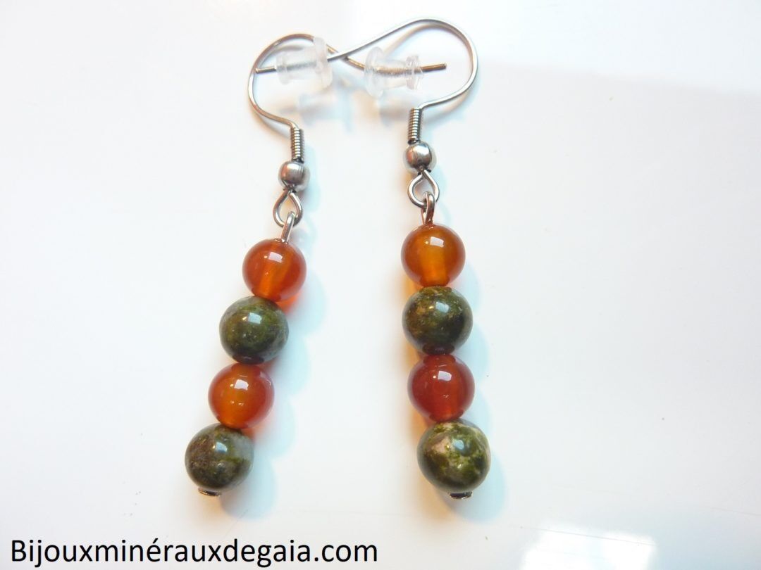 Boucles d'oreilles cornaline-Unakite épidote : perles rondes 6 mm