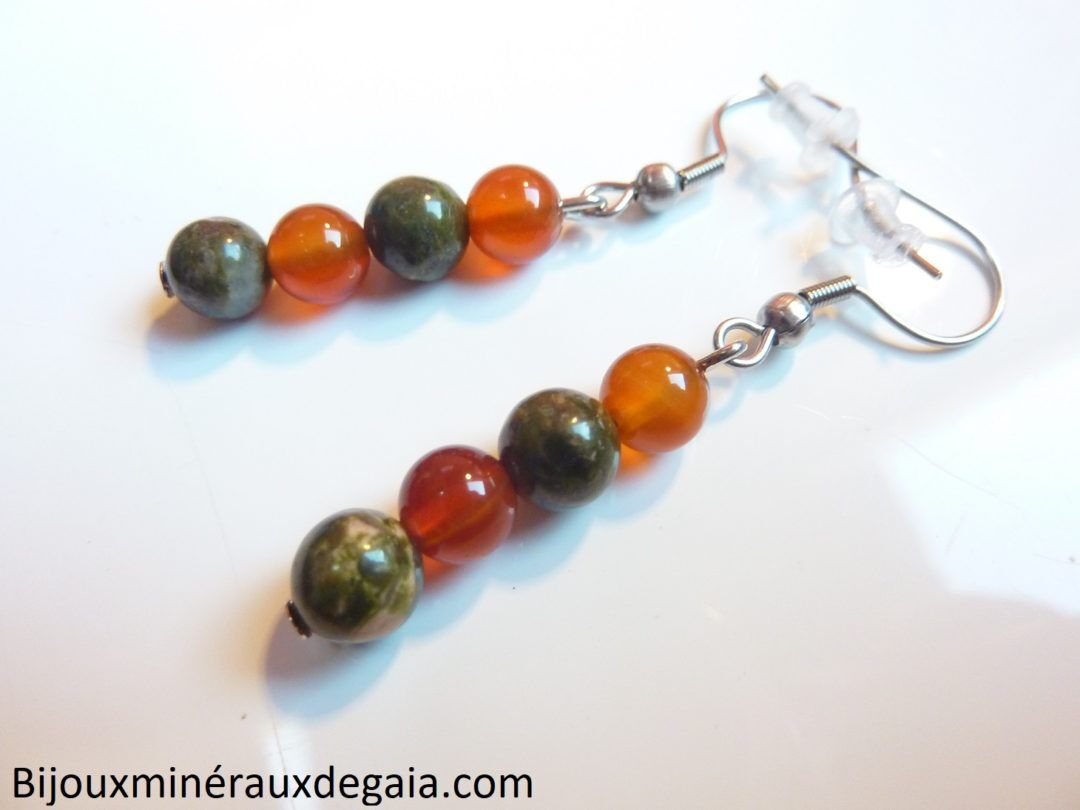 Boucles d'oreilles cornaline-Unakite épidote : perles rondes 6 mm