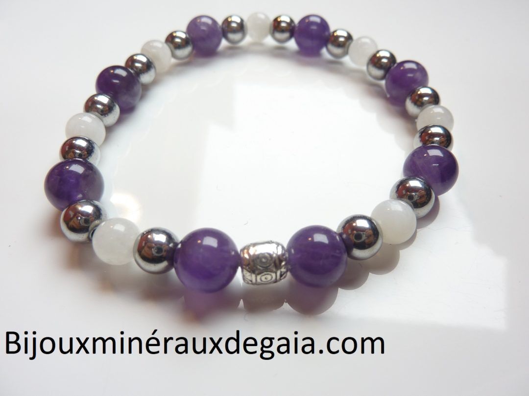 Bracelet Pierre de lune-Améthyste-Hématite: perles rondes 8-6 mm
