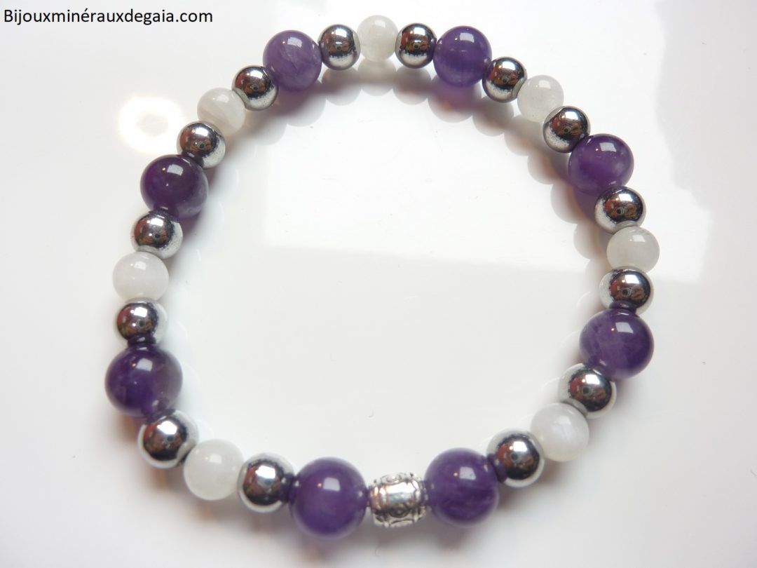 Bracelet Pierre de lune-Améthyste-Hématite: perles rondes 8-6 mm